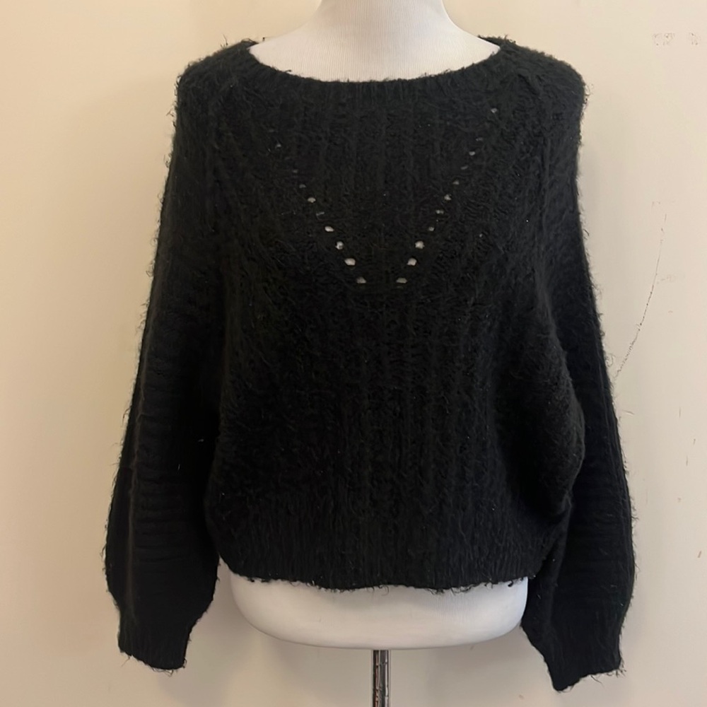 Free People Slubby Black Cropped Oversized Sweater Size XS